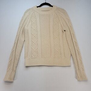 LL Bean Signature Sweater Womens Medium Cream Cable Knit 100% Cotton 297466